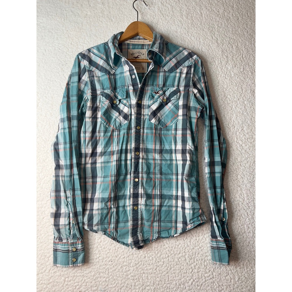 Hollister Mens Pearl Snap Western Shirt Teal Blue Plaid Long Sleeve Small S